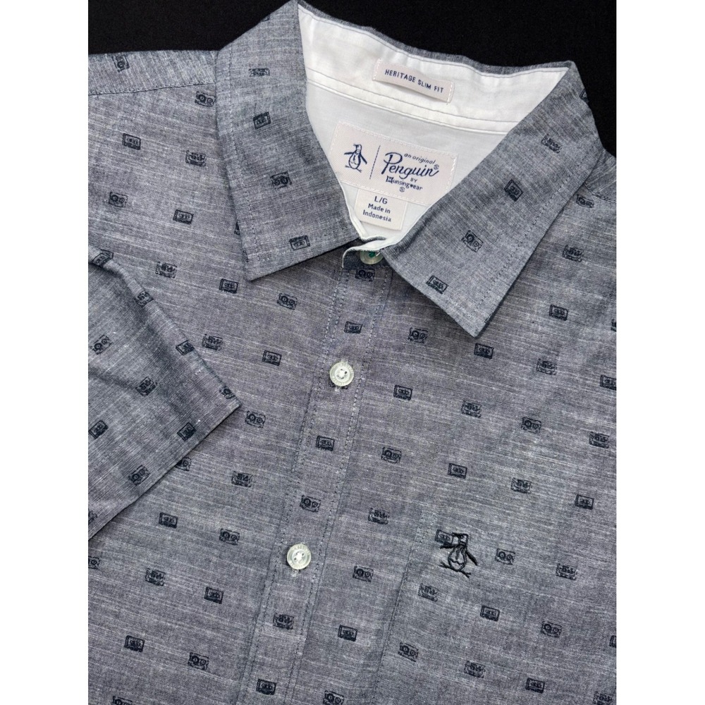 Original Penguin Mens Heritage Slim Fit Cassette Tape Print‎ Shirt Grey Large